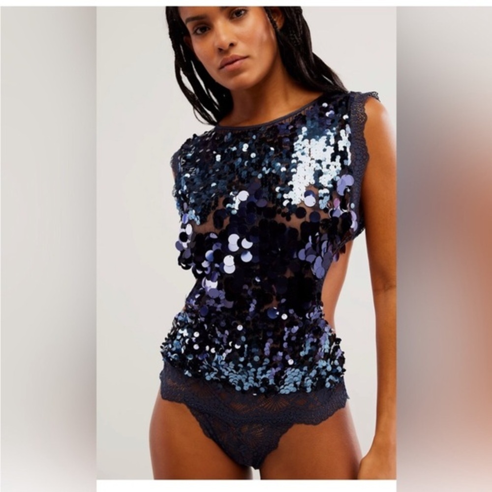Free People intimately Main Character navy‎ blue sequin lace open back Bodysuit - Picture 4 of 4